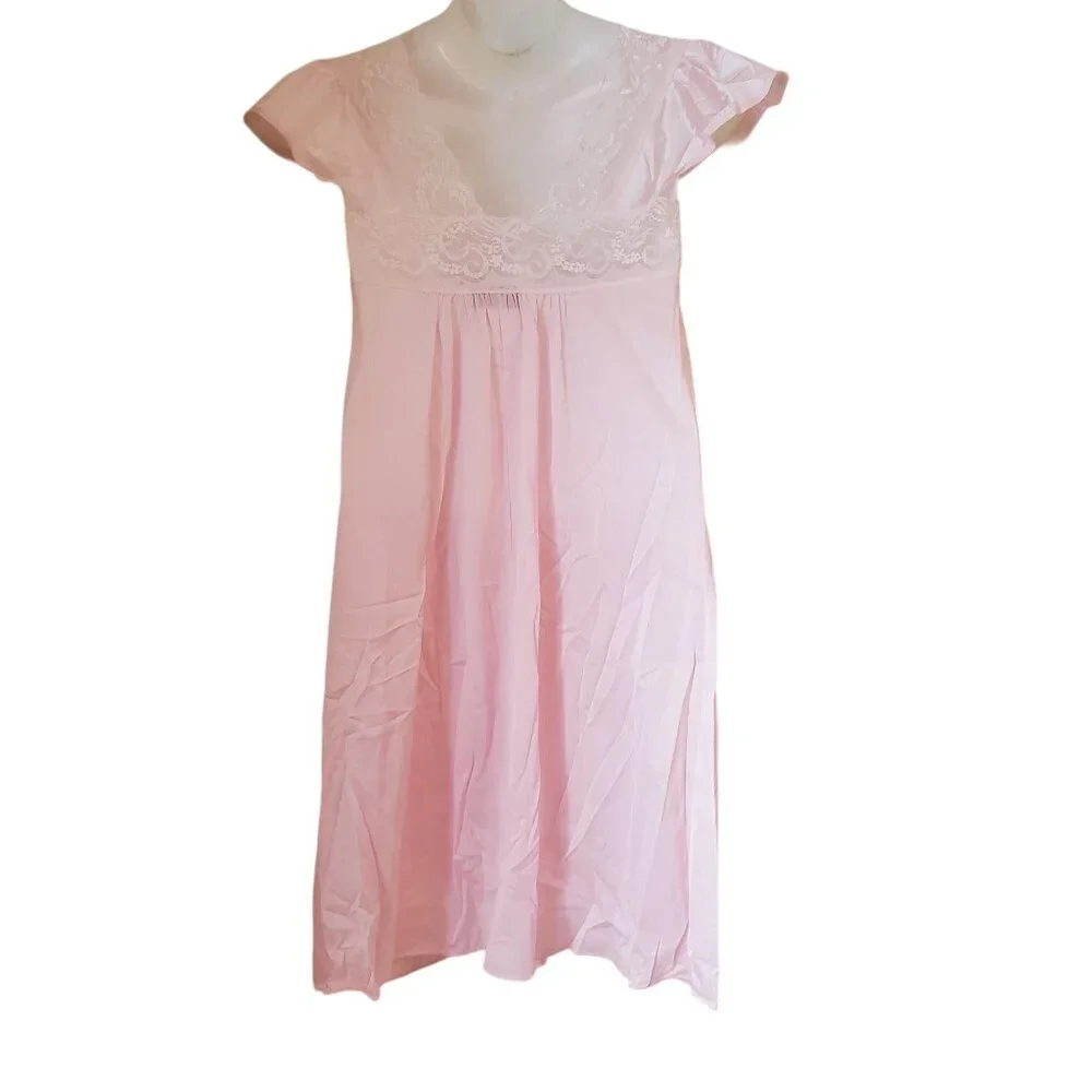 Vassarette M Pink‎ Lace Sheer Nightgown Lingerie Nylon USA Sexy Peignoir